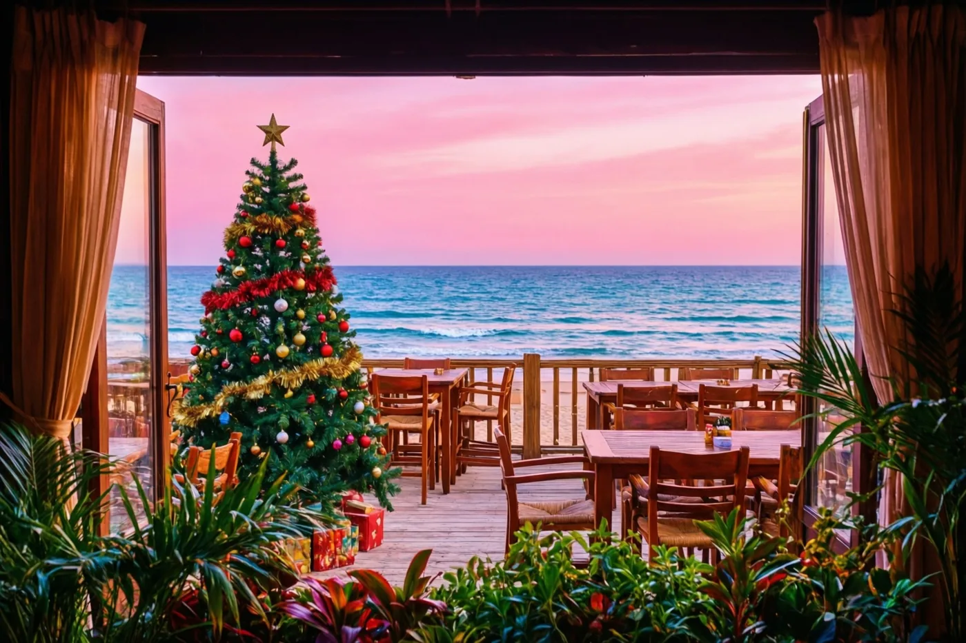 Een versierde kerstboom staat op een houten strandbarterras met houten meubels, omlijst door gordijnen en tropische planten, met uitzicht op zee onder een roze lucht.