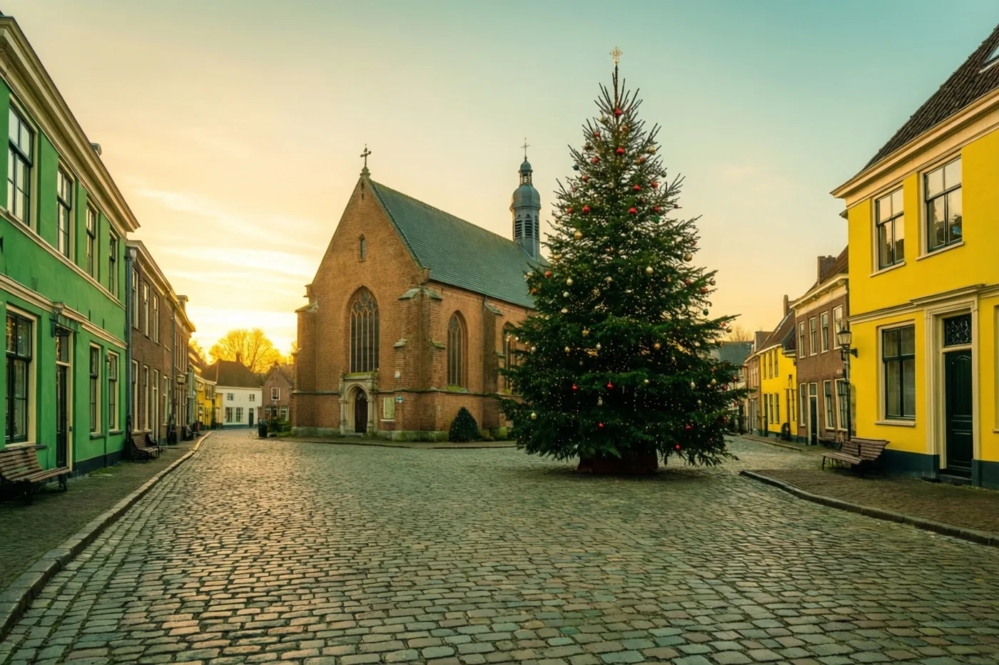 Een grote versierde kerstboom staat bij schemering op een gekasseid dorpsplein voor een bakstenen kerk, omringd door kleurrijke gebouwen in warm licht.