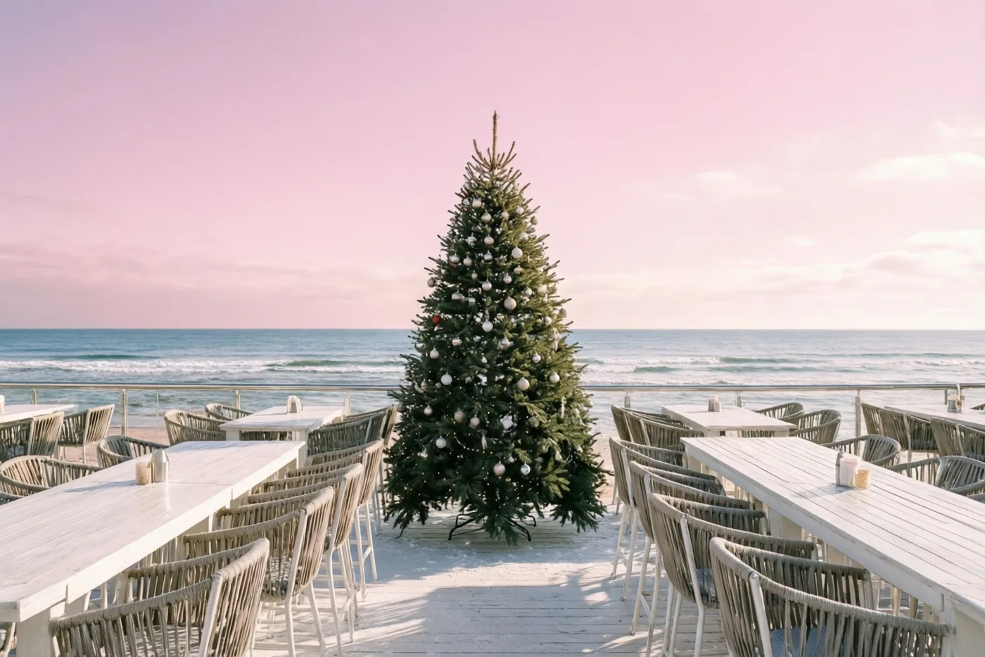 Een versierde kerstboom staat op het houten terras van een strandbar tussen witte tafels en stoelen, met de zee en een roze lucht op de achtergrond.