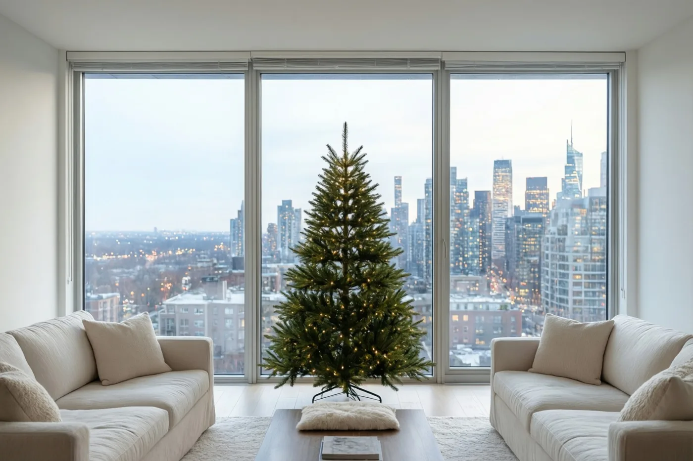 Een smalle kerstboom met warme lichtjes staat in een moderne woonkamer voor een kamerhoog raam met uitzicht op verlichte stadsgebouwen.