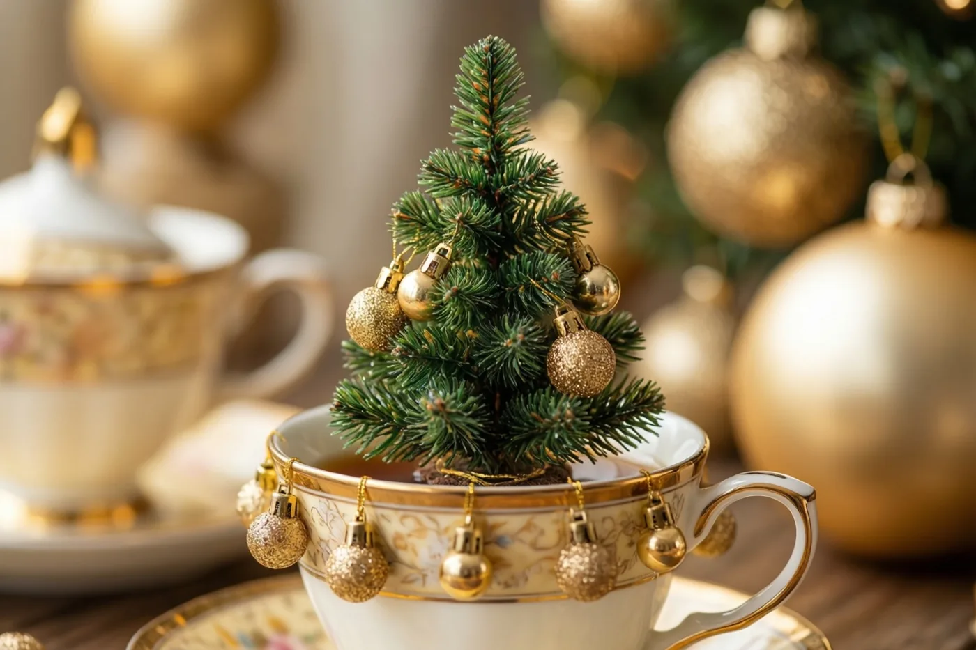 Een miniatuurkerstboom met gouden kerstballen staat in een sierlijk theekopje, met grotere gouden kerstballen en een tweede kopje onscherp op de achtergrond.