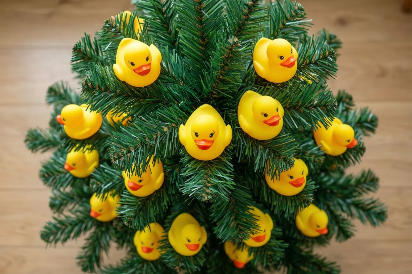 Een klein groen kerstboompje dat uitsluitend met felgele badeendjes is versierd staat op een lichte houten vloer.