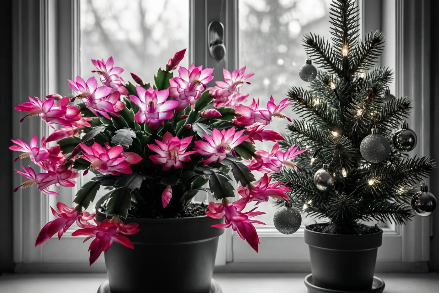 Een felroze kerstcactus in volle bloei staat op een vensterbank naast een klein dennenboompje met lichtjes en kerstballen.