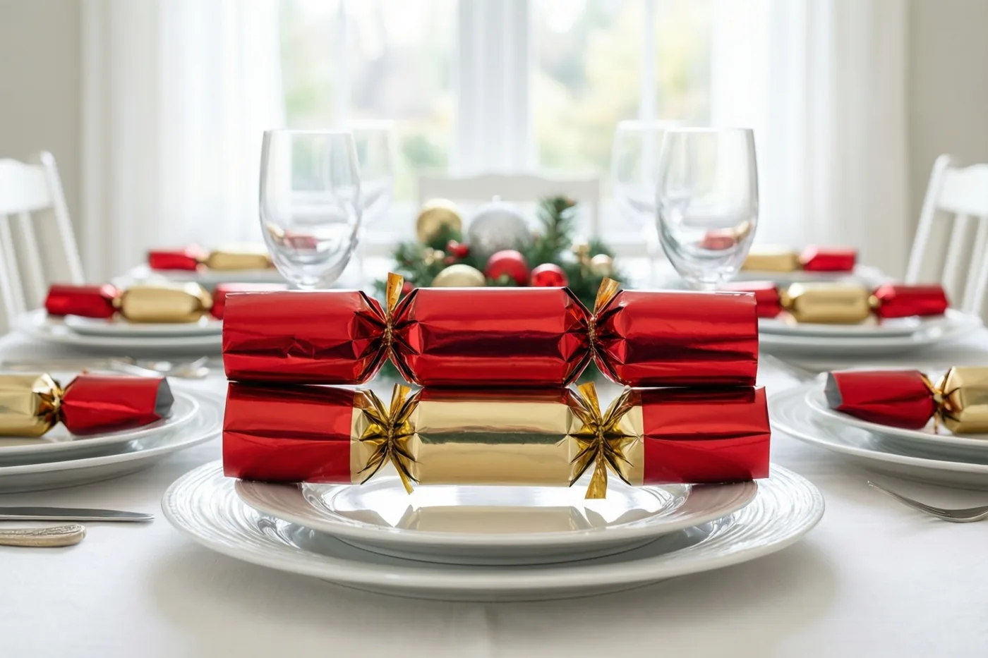 Rode en gouden kerstcrackers liggen op witte borden op een gedekte tafel met een wit tafelkleed en onscherpe versiering op de achtergrond.