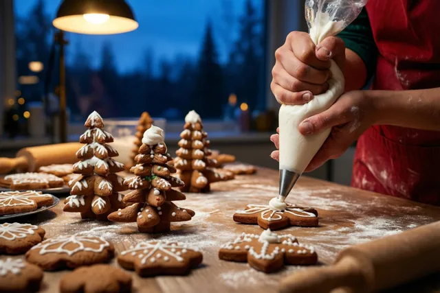 Iemand met een rode schort spuit wit glazuur op peperkoekkoekjes in boomvorm op een houten tafel met bloem, bij een raam met zicht op een besneeuwd bos bij valavond.