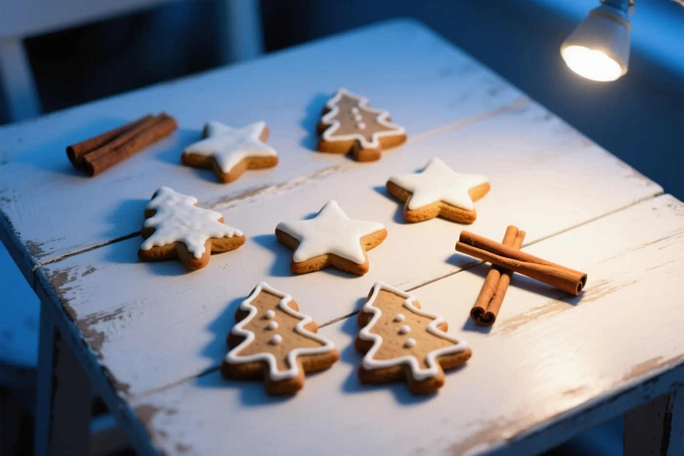 Gemberkoekjes in de vorm van sterren en kerstbomen liggen met kaneelstokjes op een witte rustieke houten tafel, verlicht door een warme lamp in witte, bruine en blauwe tinten.