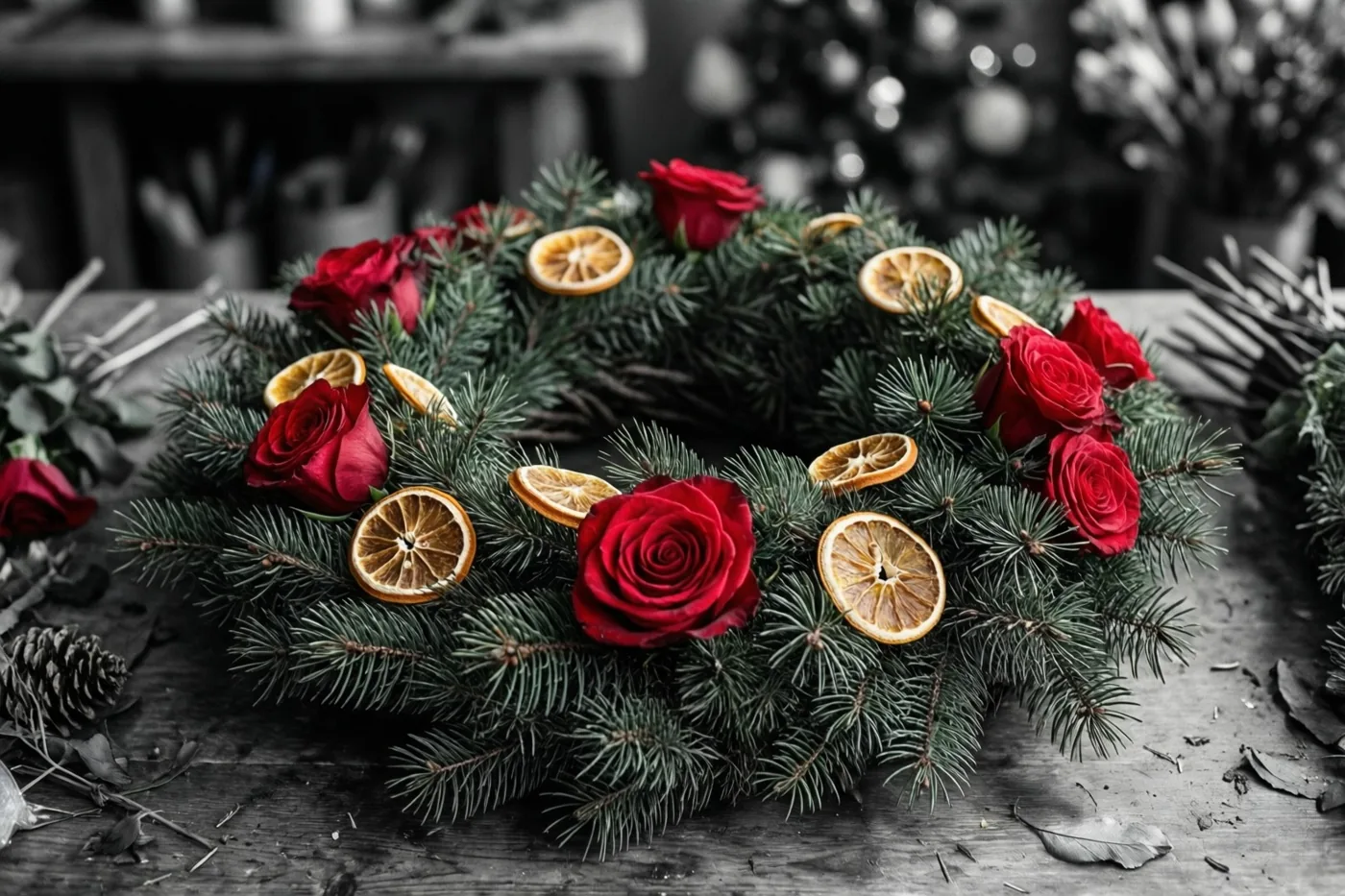 Een half afgewerkte kerstkrans van dennentakken, rode rozen en gedroogde sinaasappelschijfjes ligt op een houten werkbank, met rood en oranje in kleur tegen een monochrome achtergrond.
