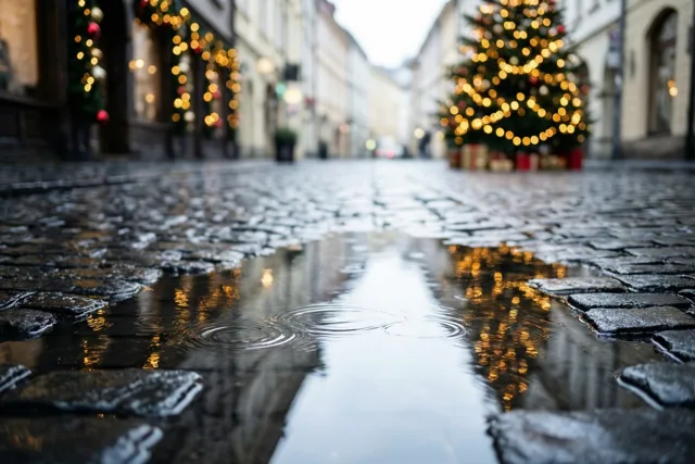 Een regenplas op donkere kasseien weerspiegelt wazige kerstlichtjes en een verlichte boom in een natte straat.
