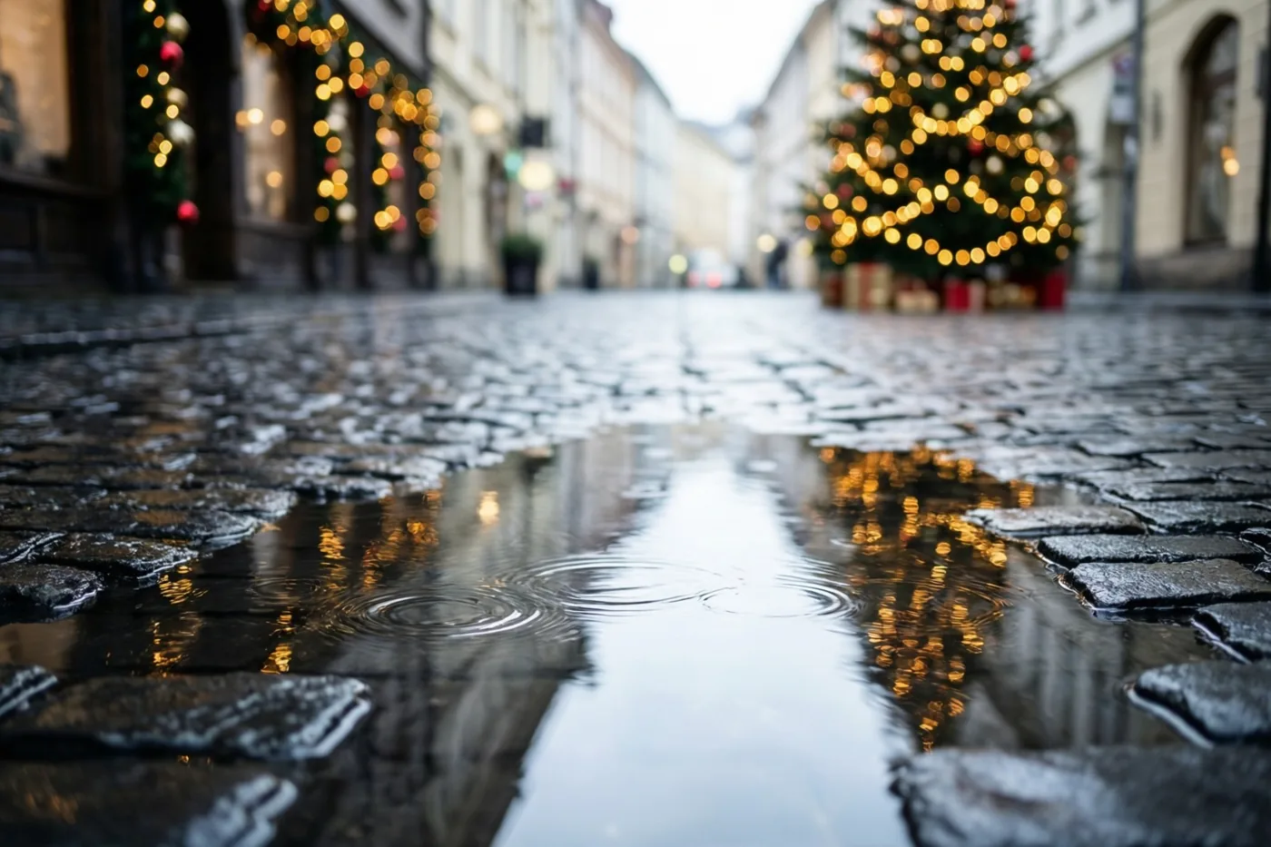 Een regenplas op donkere kasseien weerspiegelt wazige kerstlichtjes en een verlichte boom in een natte straat.