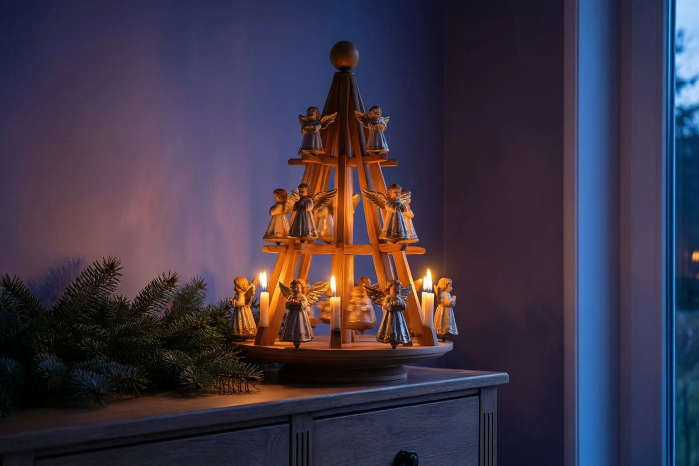 Een houten kerstpiramide met engelenfiguurtjes en brandende kaarsen staat naast dennentakjes op een dressoir tegen een donkere muur, bij een raam met avondlicht.