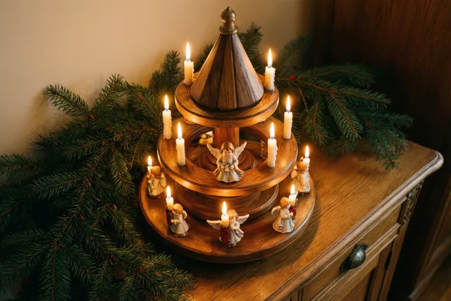 Een houten kerstpiramide met brandende kaarsen en kleine engelenfiguurtjes staat op een houten dressoir, omringd door groene dennentakjes.