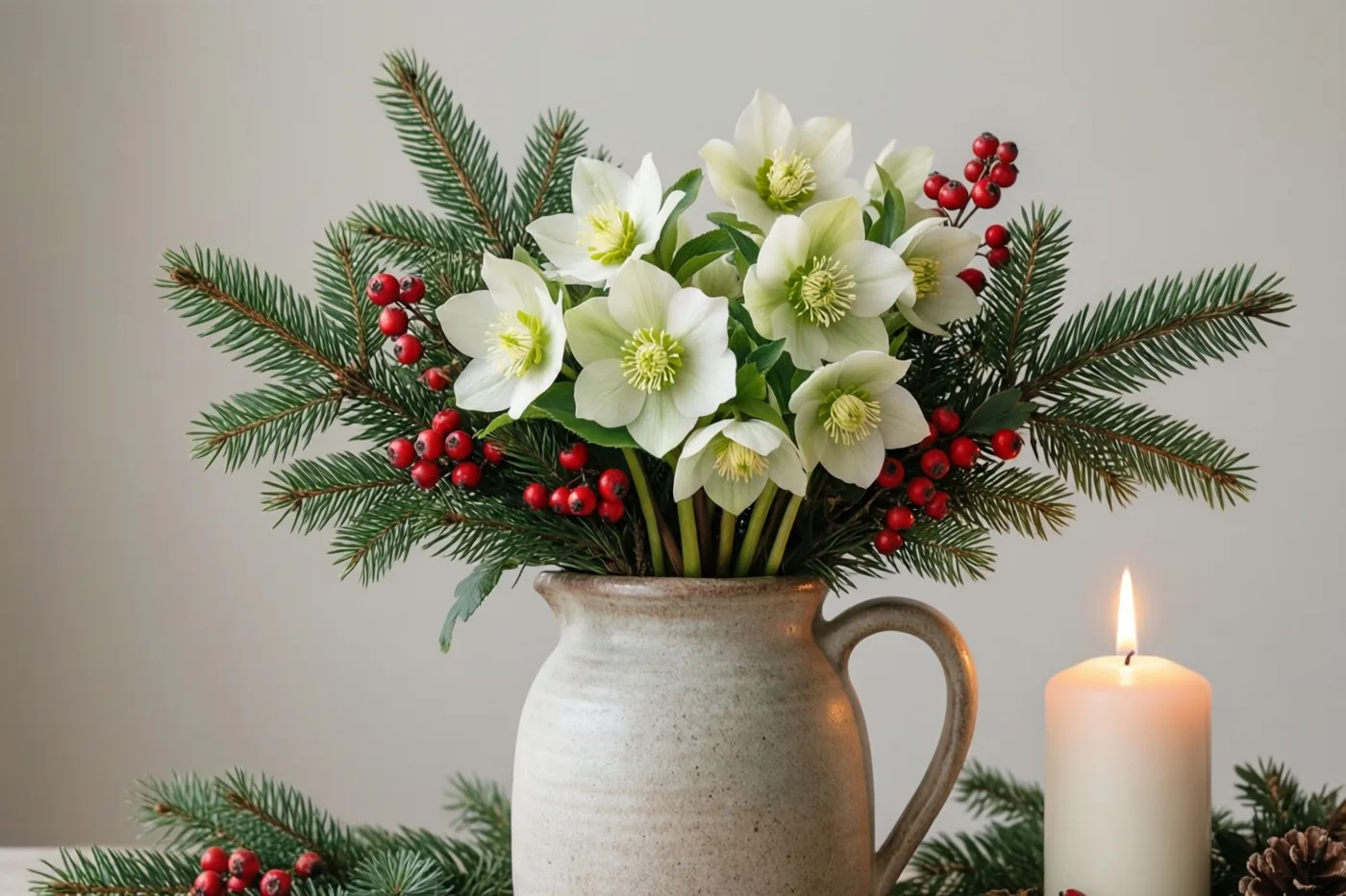 Een kan van steengoed met witte kerstrozen, dennentakjes en rode bessen staat naast een brandende witte kerstkaars tegen een effen lichtgrijze achtergrond.
