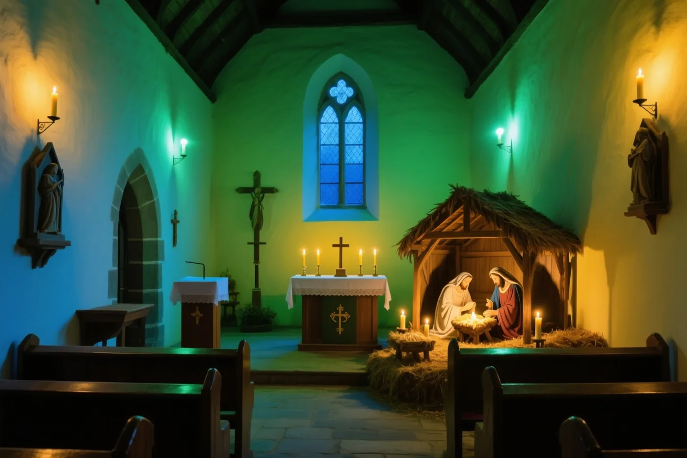 Een kerststal staat naast het altaar in een dorpskerk met houten banken, stenen muren en een glasraam, waar geel kaarslicht afsteekt tegen groen en blauw omgevingslicht.