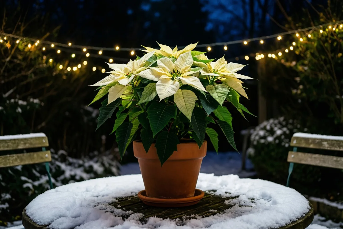 Een witte kerstster in een pot staat 's nachts op een besneeuwde houten tuintafel onder warme lichtslingers.