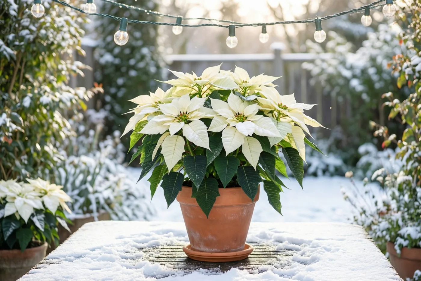 Witte kerststerren in een terracotta pot staan op een besneeuwde houten tuintafel onder brandende lichtslingers.