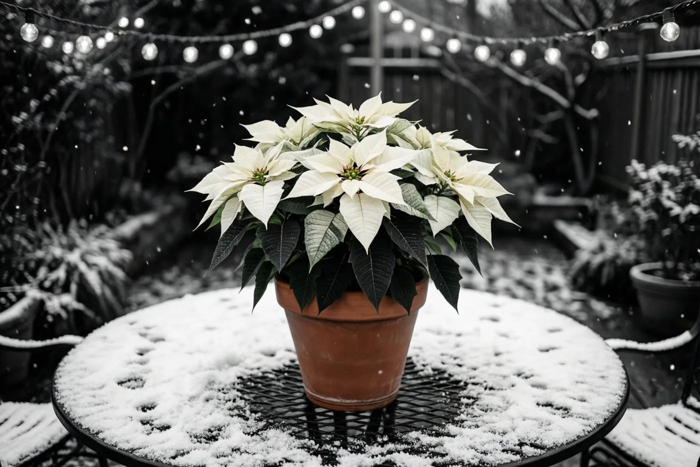 Een terracotta pot met witte kerststerren staat op een licht besneeuwde tuintafel onder gloeiende lichtslingers in een wintertuin.