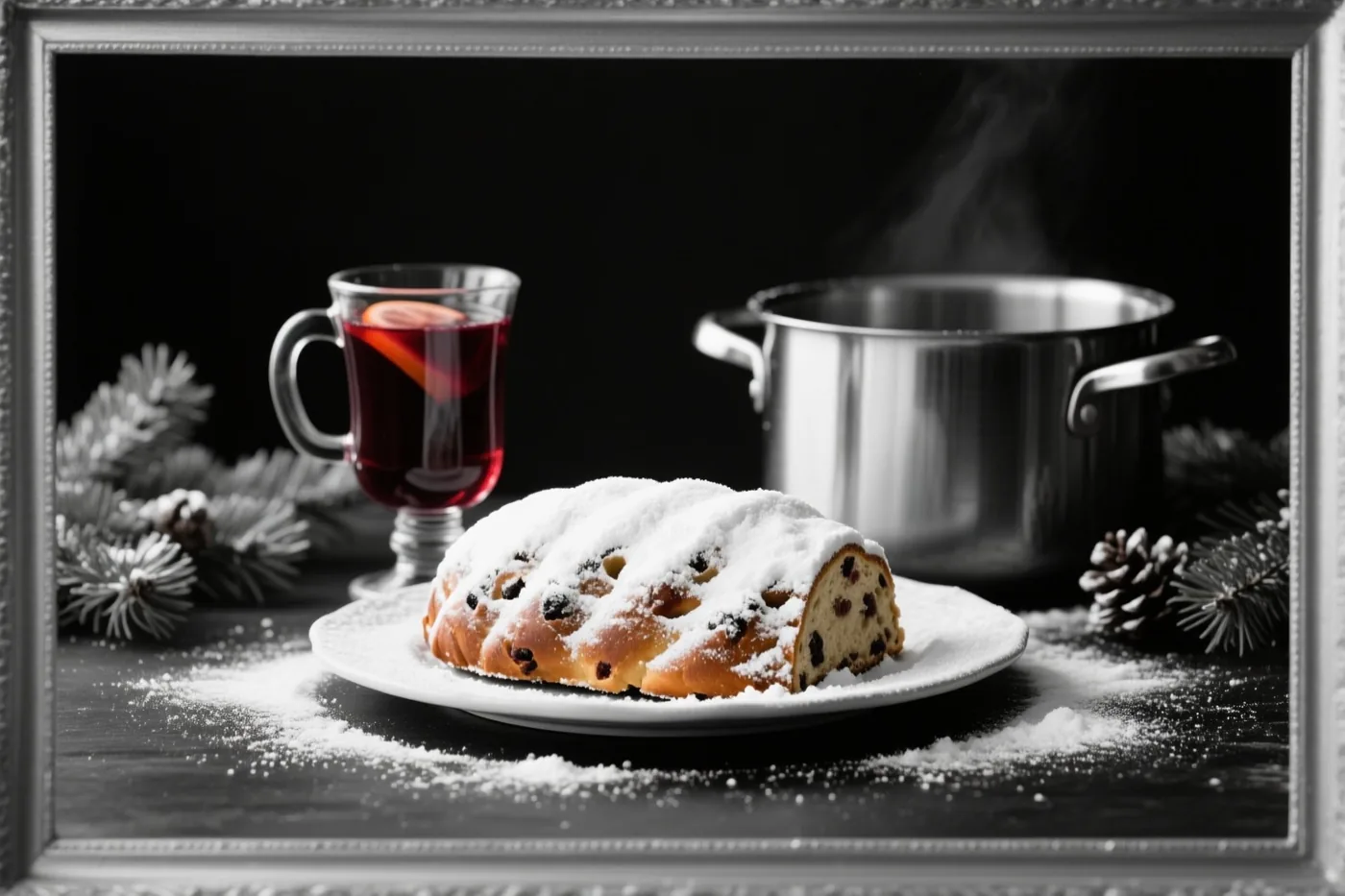 Binnen een zilverkleurige fotolijst staat een kerststol met poedersuiker op een wit bord naast een glas glühwein en een dampende pot, met dennentakken en dennenappels op een donker oppervlak tegen een zwarte achtergrond.