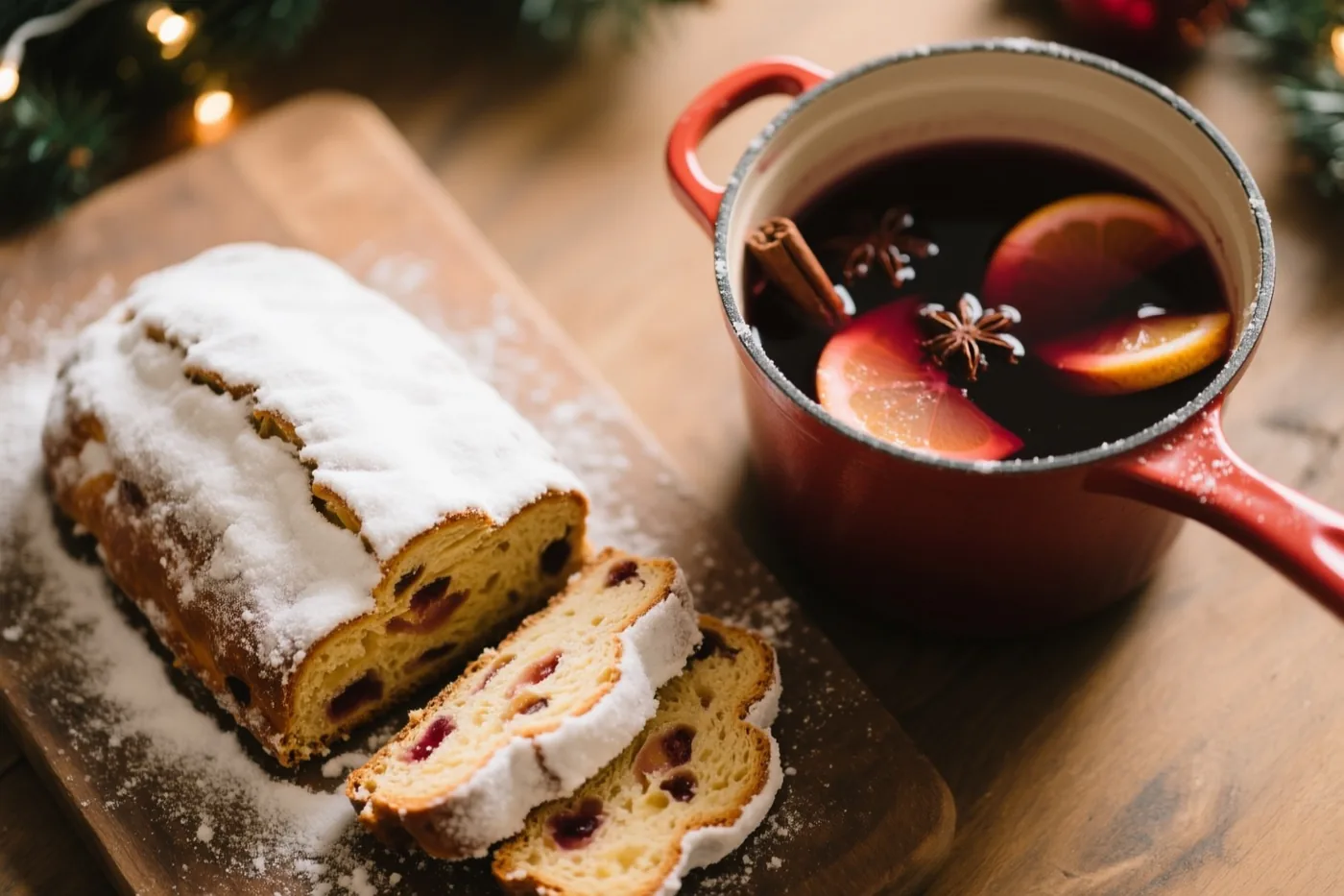 Een kerststol met poedersuiker ligt op een houten plank naast een rode pot glühwein met sinaasappelschijfjes en specerijen, op een houten tafel met dennentakken op de achtergrond.