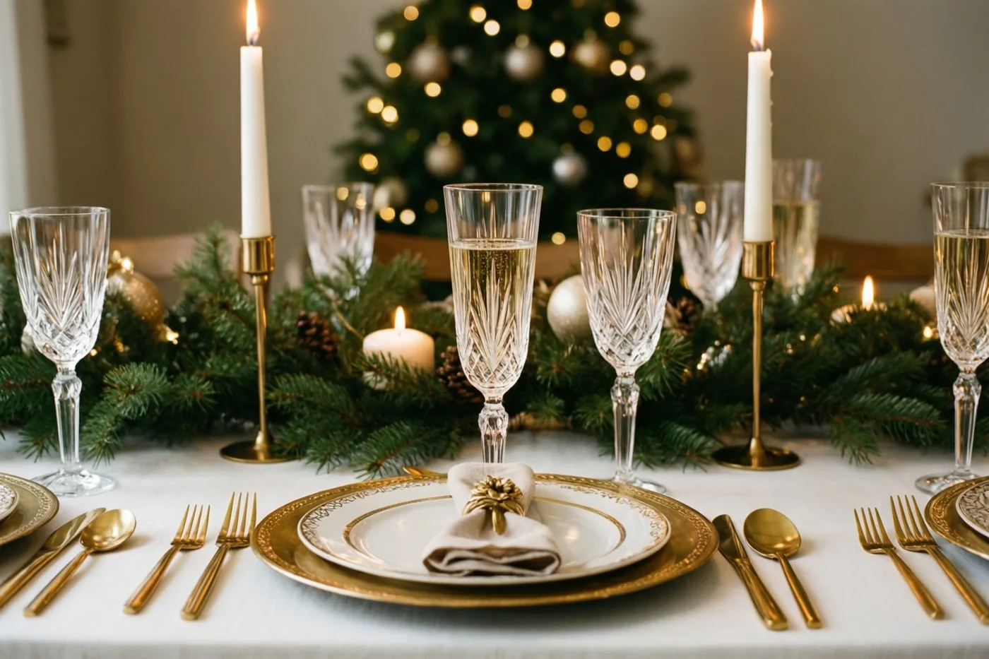 Een kersttafel met kristallen champagneglazen, goudkleurig bestek, dennentakken en brandende kaarsen op een wit tafelkleed baadt in warm licht.