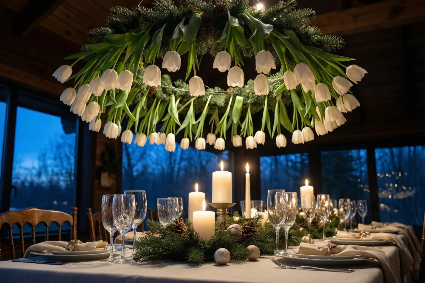 Een lange gedekte kersttafel staat bij kaarslicht onder een hangend bloemstuk met witte tulpen, dennentakken en dennenappels in een houten interieur met uitzicht op een bos in de schemering.