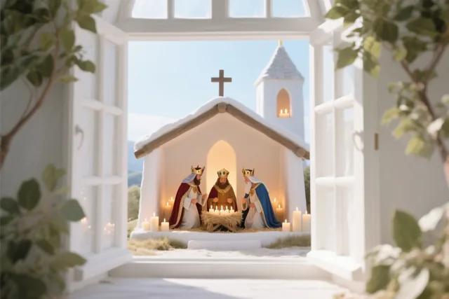 Door een open raam is een kersttafereel te zien met drie koningen die bij een kribbe knielen in een kleine kerk met witte muren en kaarslicht, omlijst door groen onder een blauwe hemel.