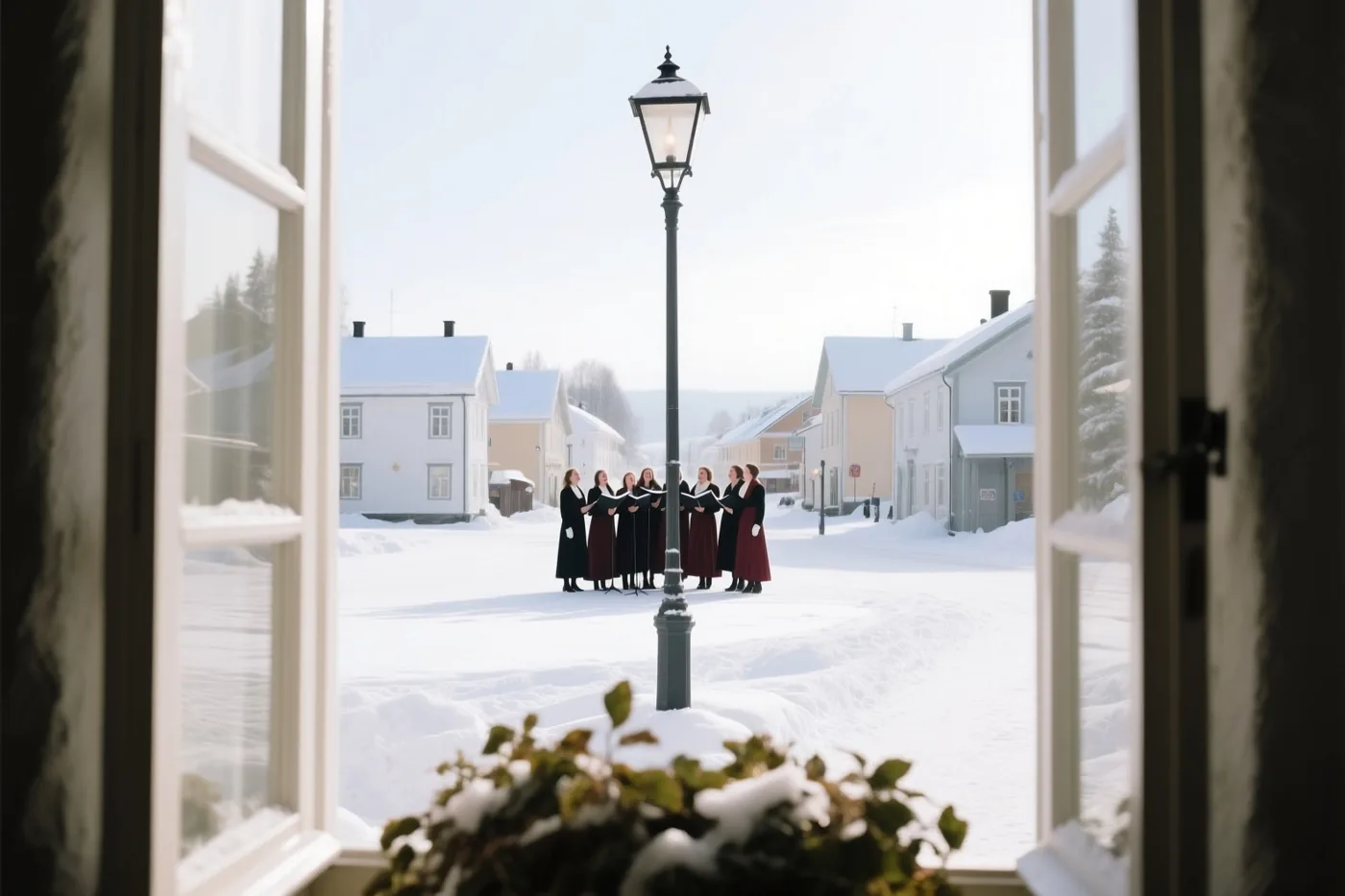 Door een open raam met witte roeden is een groep kerstzangers in donkere gewaden te zien op een besneeuwd dorpsplein, met een hoge straatlamp, besneeuwde huizen en een plant met sneeuw op de voorgrond.