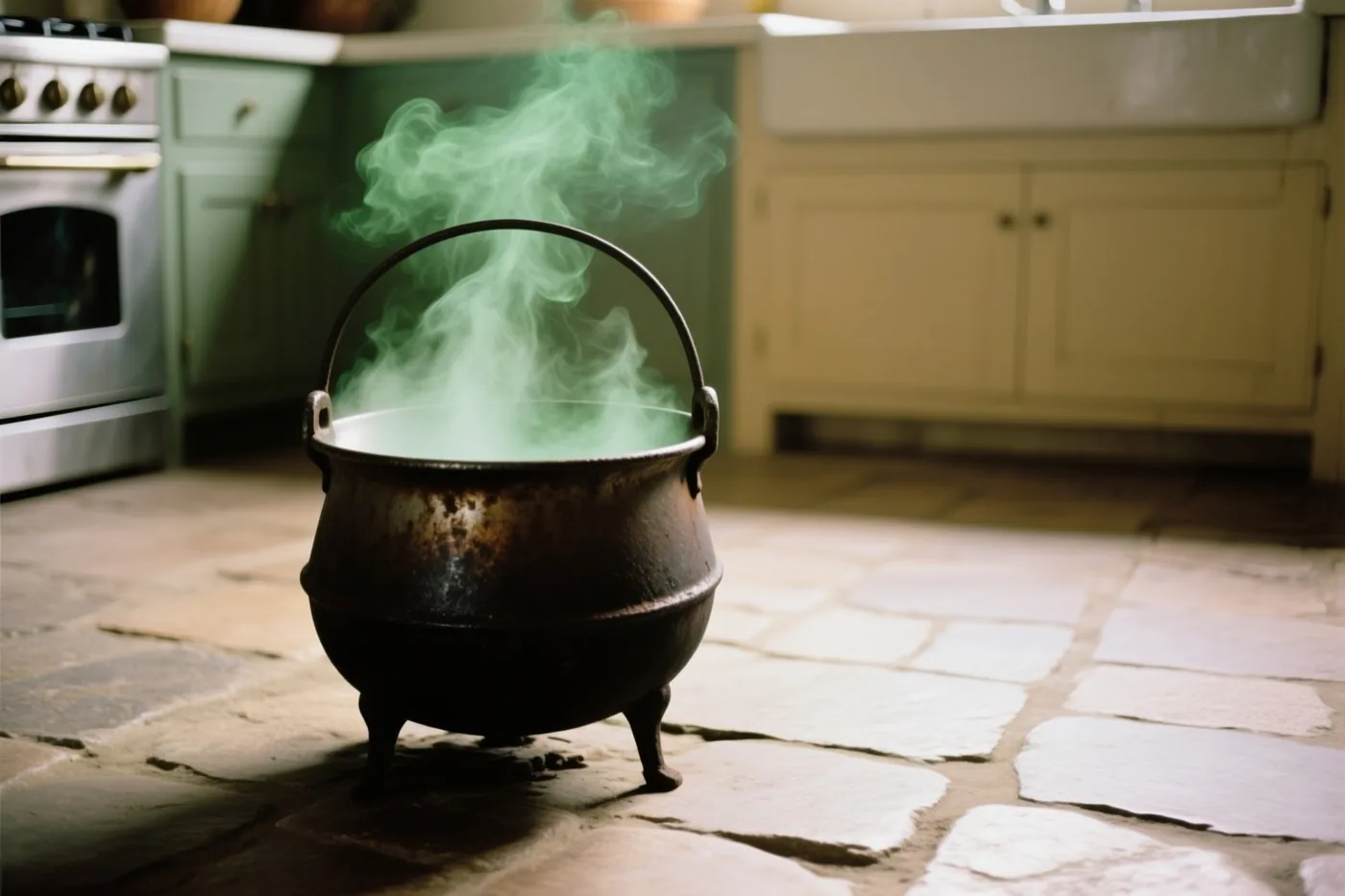 Een oude donkere ijzeren ketel met een hengsel en drie poten staat op een stenen vloer en geeft groene nevel af, met keukenkasten en een fornuis op de achtergrond.