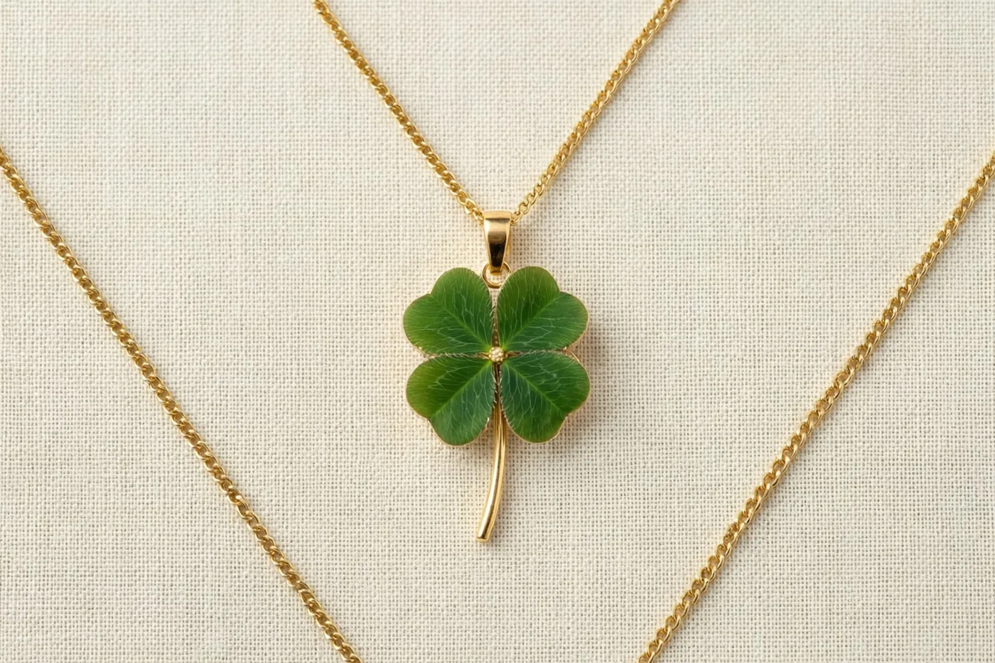 Een gouden ketting met een groene klavertjevierhanger met zichtbare bladnerven en een gouden steel ligt op beige linnen.