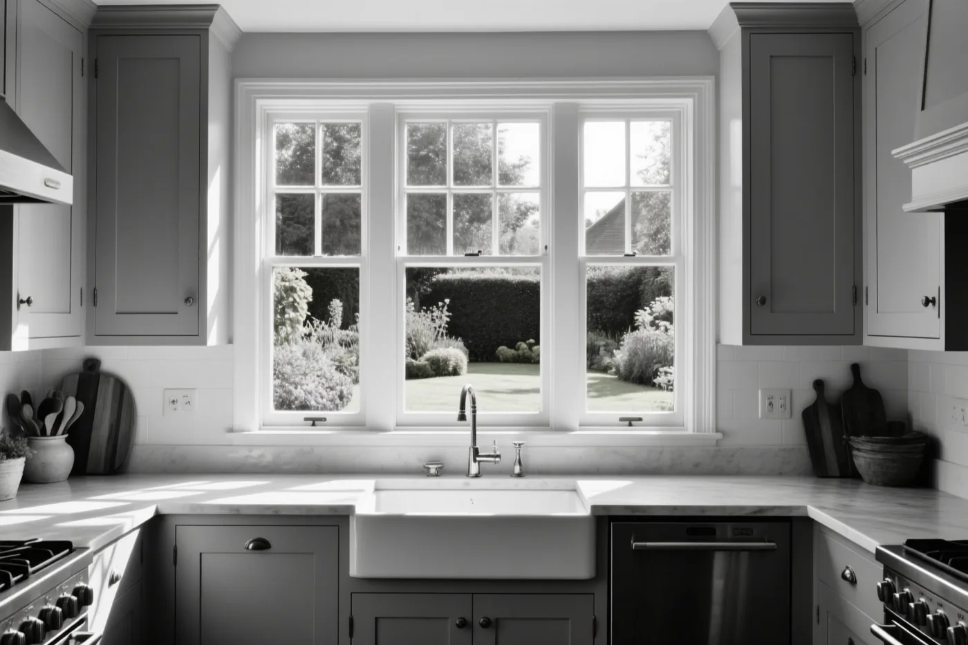 Een zwart-witfoto toont een keuken met grijze kasten, een witte spoelbak en marmeren werkbladen rond een groot driedelig raam met zicht op een tuin.
