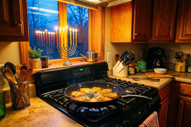 Een keuken bij schemering is verlicht in gouden en amberkleurige tinten, met een brandende kandelaar op de vensterbank en latkes in een pan op het gasfornuis.