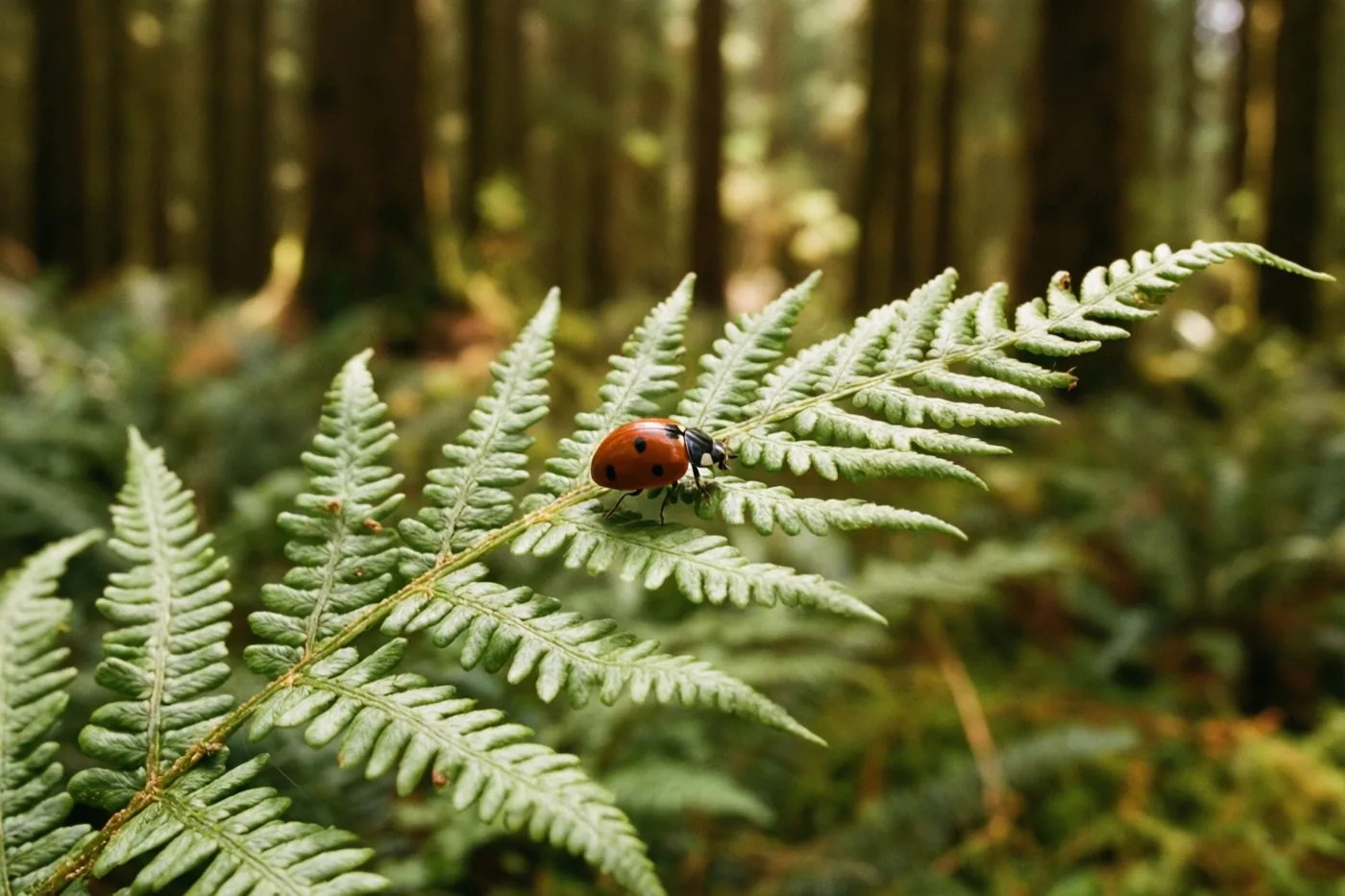 Een lieveheersbeestje klimt op een groen varenblad in een bos met rode, groene en bruine tinten.