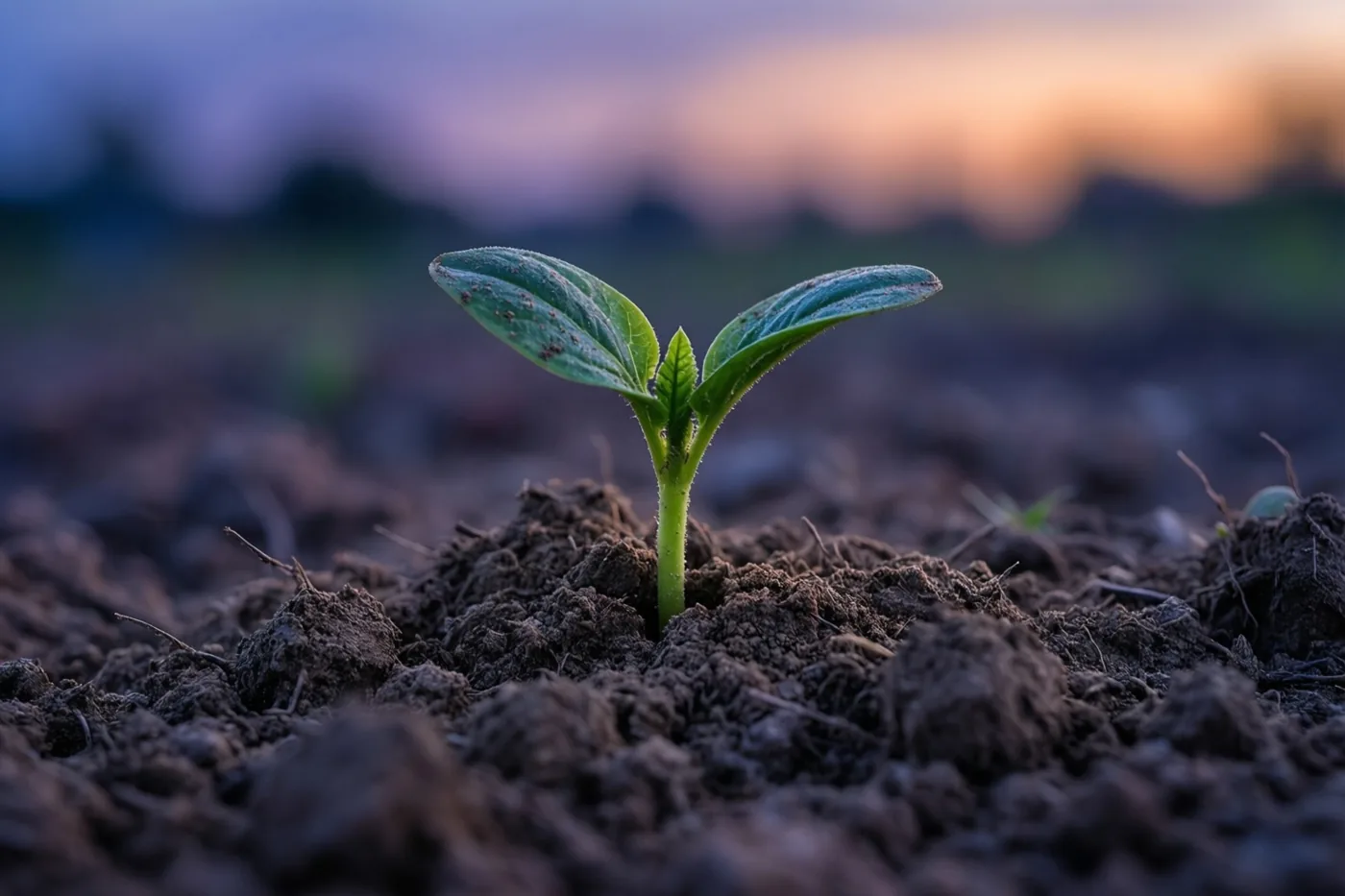 Een groen kiemplantje met twee blaadjes komt uit donkere aarde, met een wazige zonsondergang in paarse en oranje tinten op de achtergrond.