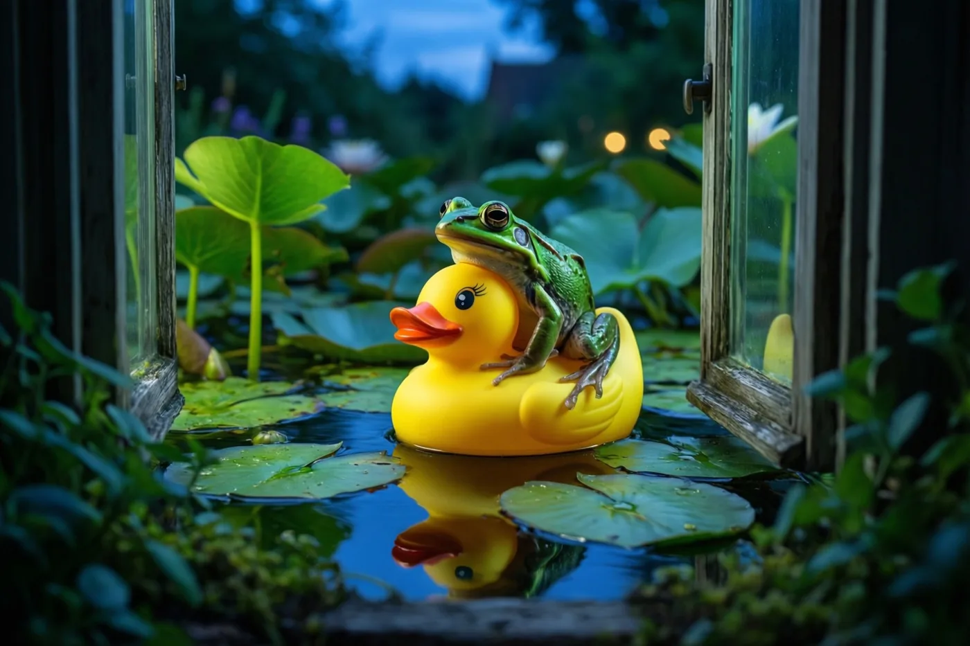 Door een open raam is een groene kikker op een gele badeend te zien, drijvend tussen waterleliebladeren in een tuinvijver bij schemerlicht.