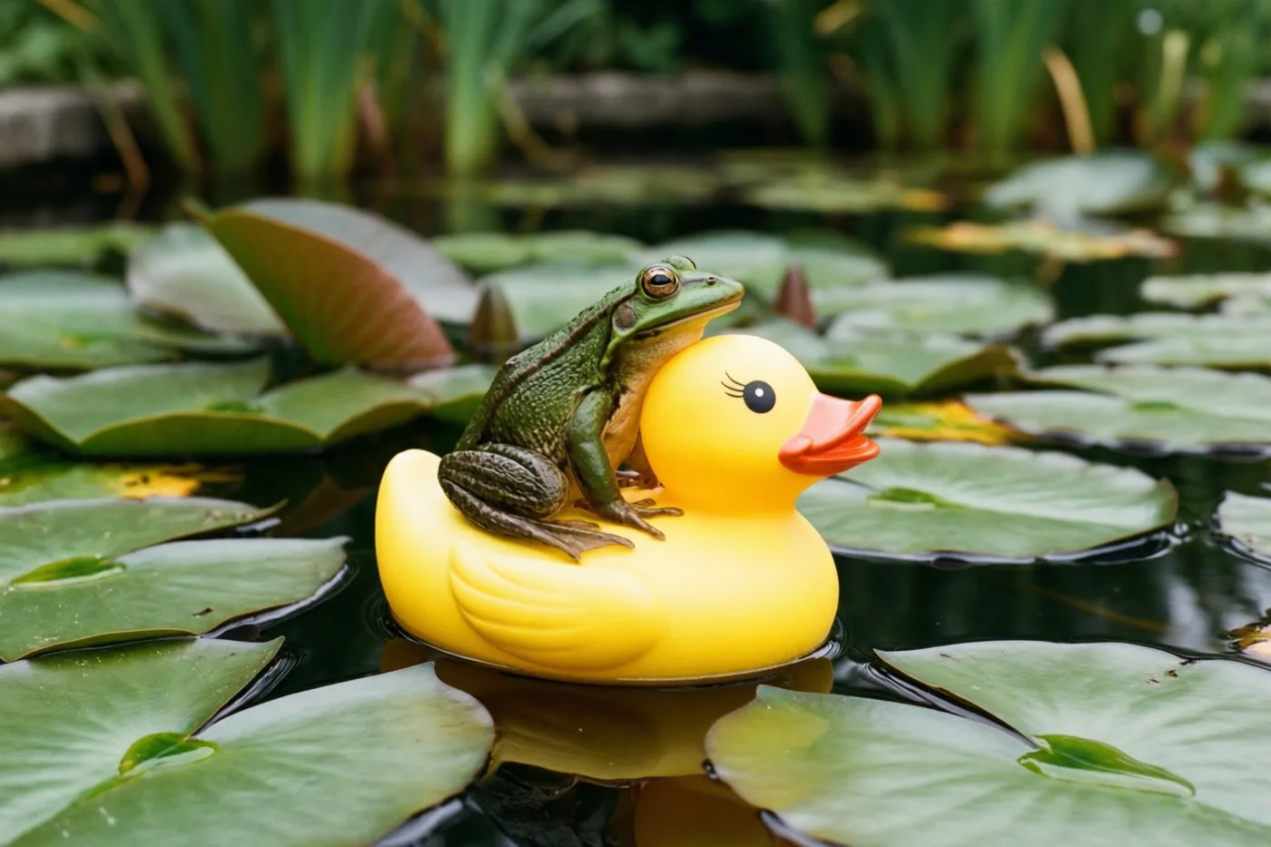Een groene kikker zit op een gele badeend in een tuinvijver tussen waterleliebladeren, met weelderig groen op de achtergrond.