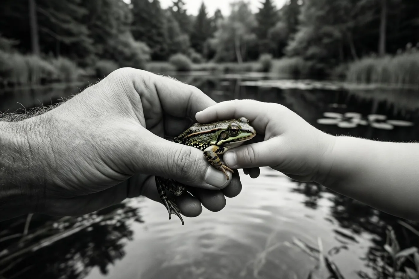 Op een zwart-witfoto houden een volwassen hand en een kinderhand samen een kikker vast boven een vijver, met bomen en riet op de achtergrond.