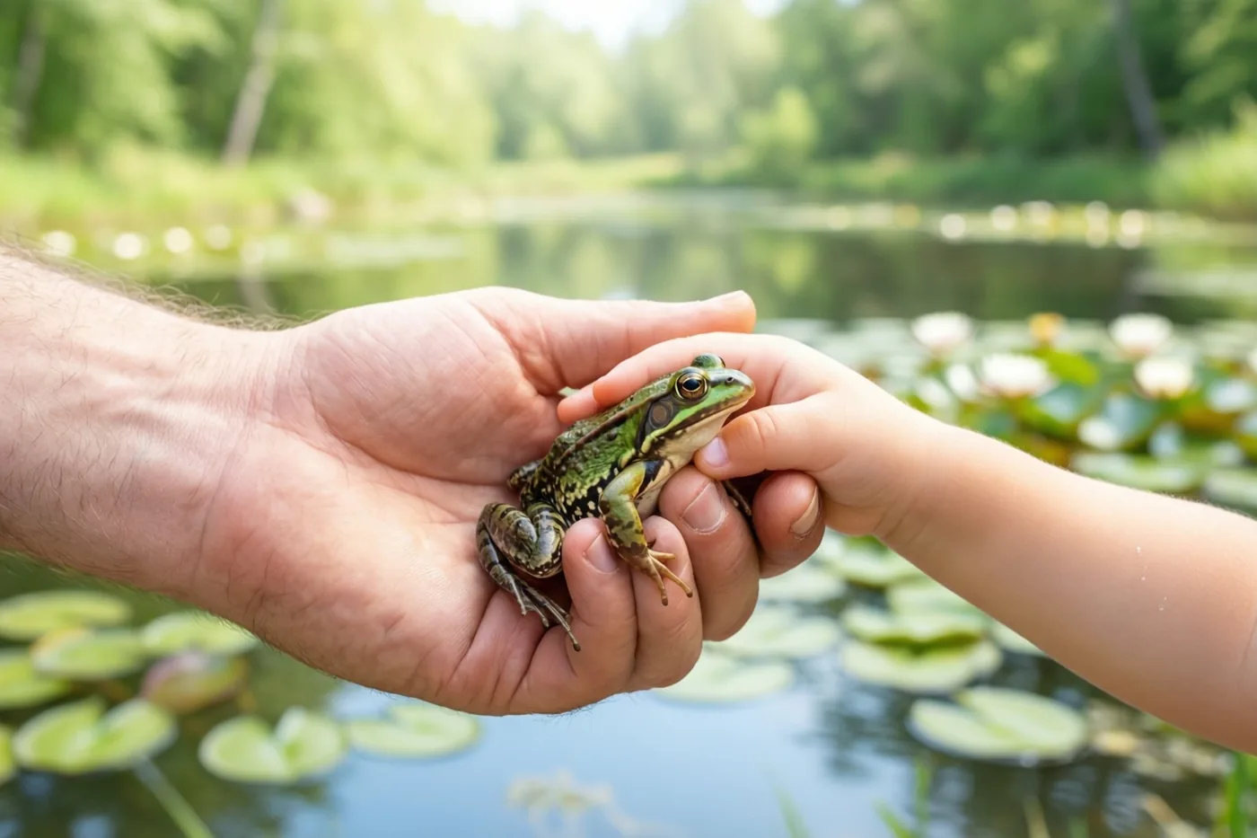 Een volwassen hand en een kinderhand houden voorzichtig een groene kikker vast boven een vijver met leliebladeren, omringd door zonlicht en weelderig groen.