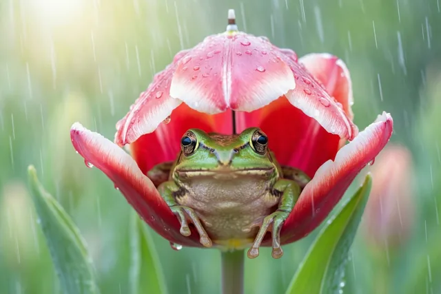 Kikker met een bloemenparaplu