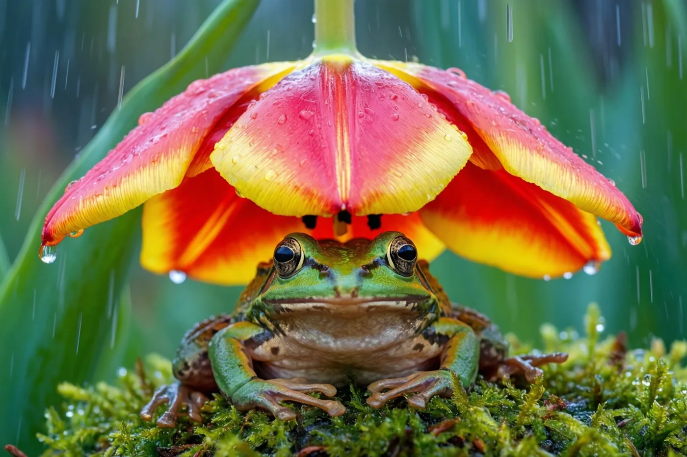 Een groene kikker zit op mos onder een rood-gele tulp in een weelderig groene tuin, met regendruppels in de lucht.