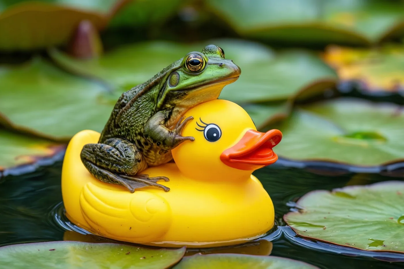 Een groene kikker zit op een gele badeend die op een vijver tussen de waterleliebladeren drijft.