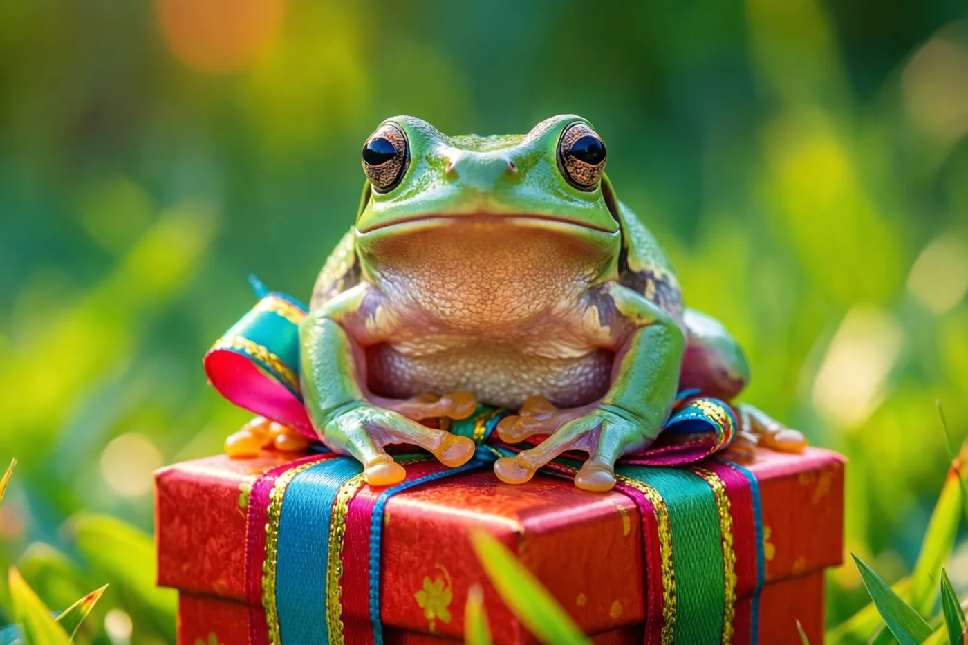 Een groene kikker met grote ogen zit op een fel ingepakte geschenkdoos met kleurrijke linten in zonnig gras, voor een wazige groene achtergrond.