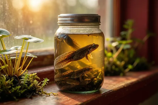 Een glazen pot met kikkervisjes in troebel water staat in warm zonlicht op een houten vensterbank in een klas, omringd door kleine vijverplanten en mos.