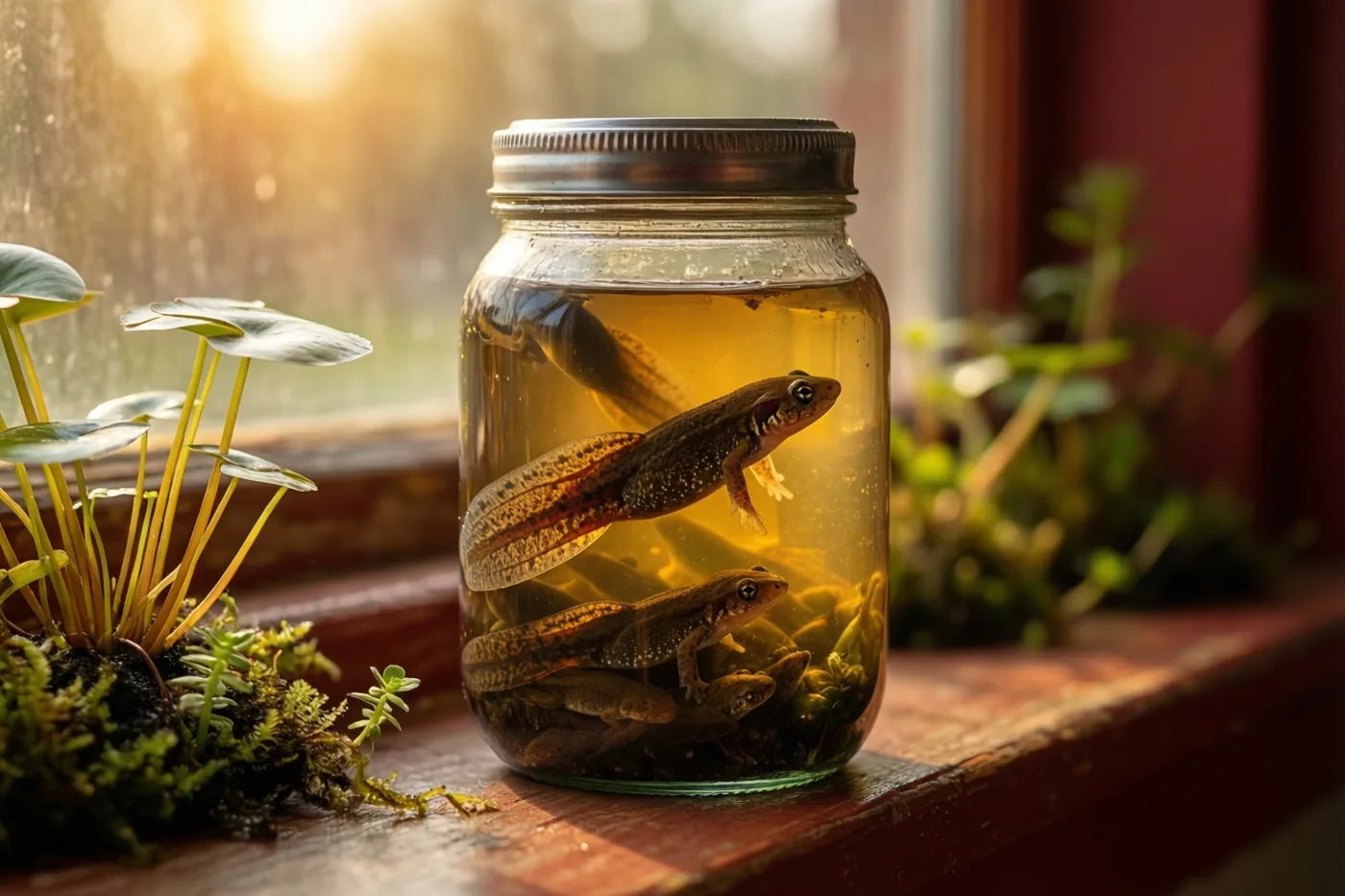 Een glazen pot met kikkervisjes in troebel water staat in warm zonlicht op een houten vensterbank in een klas, omringd door kleine vijverplanten en mos.