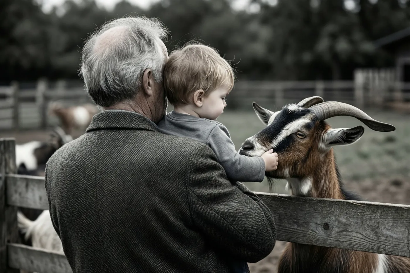 Een oudere man houdt een klein kind vast dat naar de snuit van een geit reikt bij een houten hek op een boerderij.