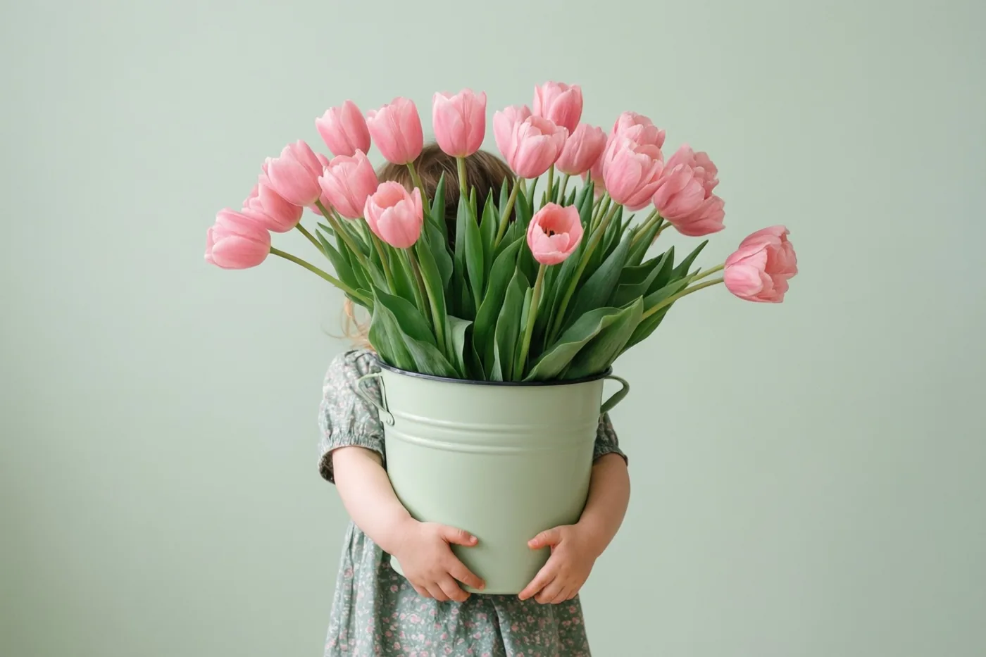 Een klein kind is van achteren te zien met een grote groene emmer vol roze tulpen die het gezicht verbergen, tegen een effen lichtgroene achtergrond.