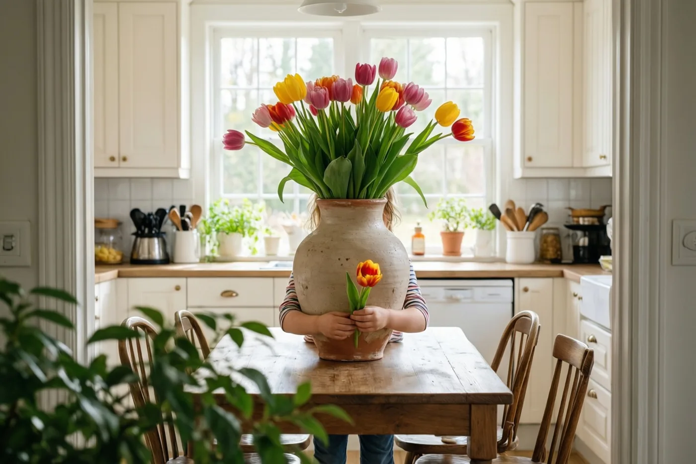 Een kind staat met één tulp achter een houten keukentafel, deels verborgen door een grote scheve vaas met kleurrijke tulpen, in een lichte witte keuken.