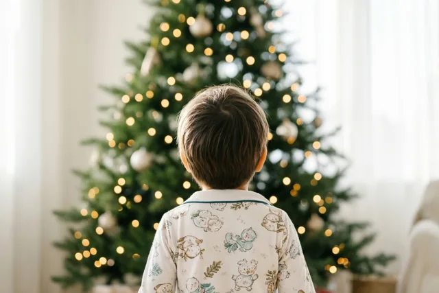 Een kleintje bewondert de kerstboom