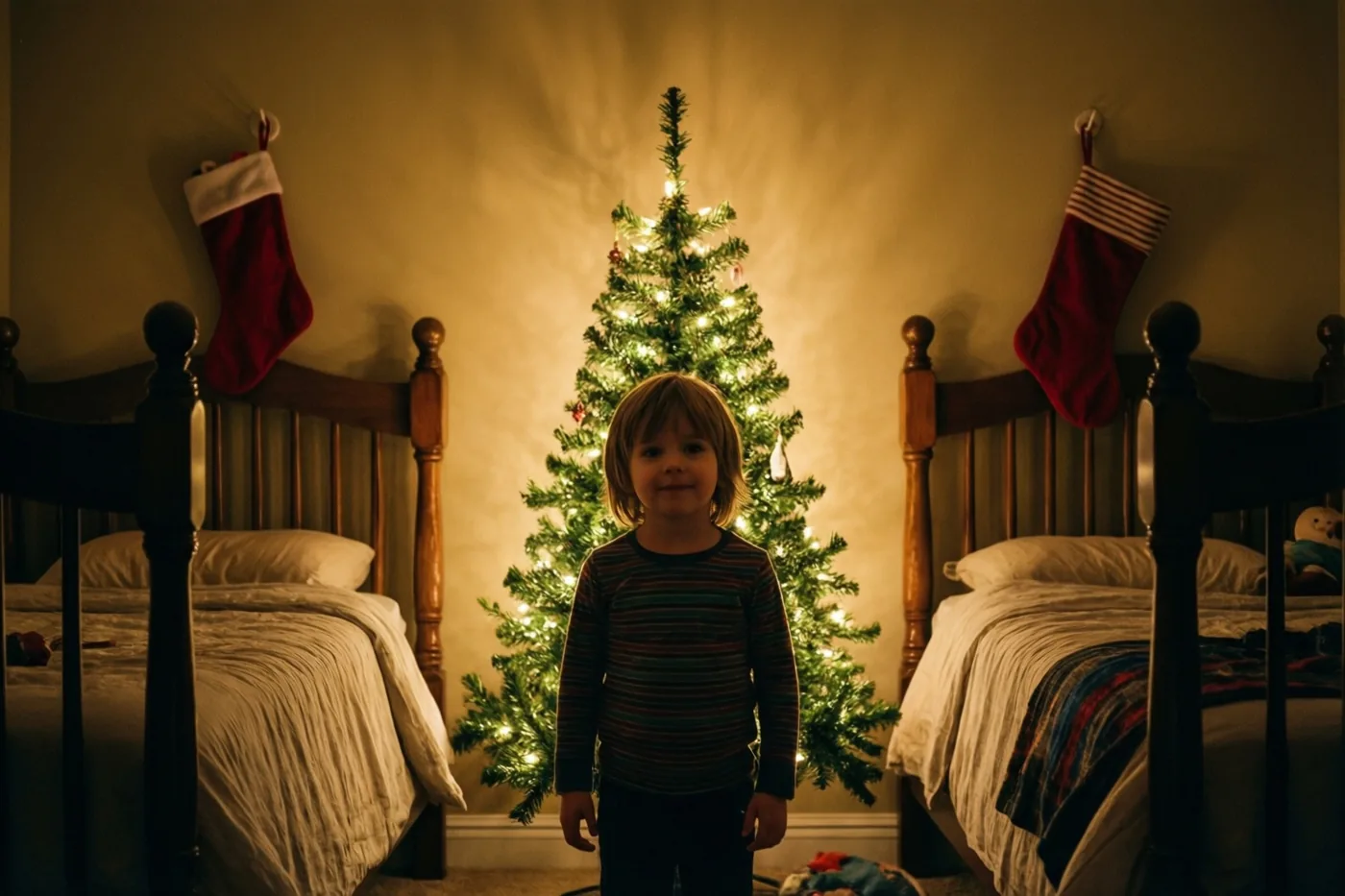 Een jong kind staat 's nachts voor een klein verlicht kerstboompje in een slaapkamer met twee bedden en kerstsokken aan de hoofdeinden.