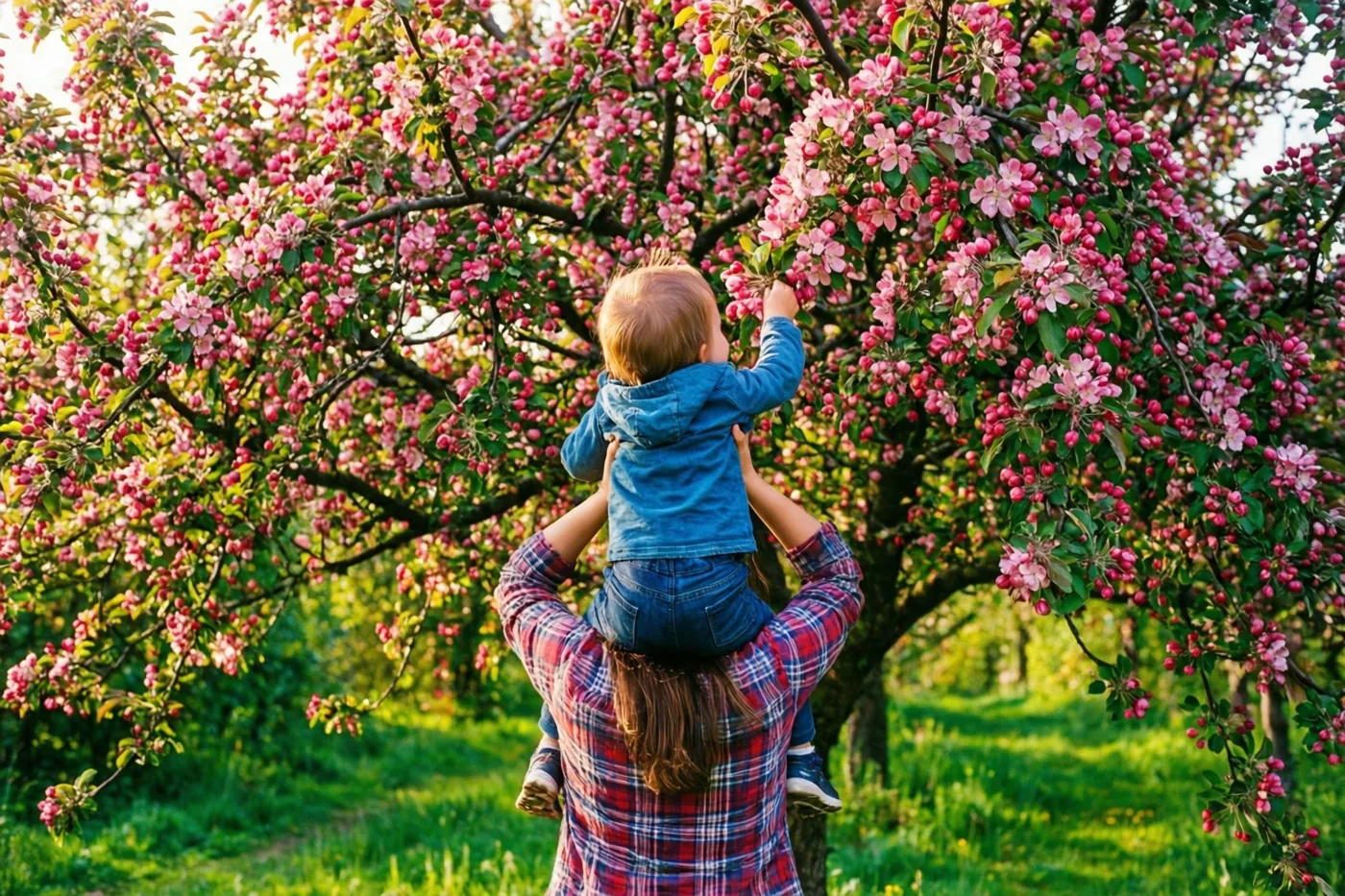 Van achteren zie je een moeder in een geruit hemd haar kind optillen om de roze bloesems van een appelboom aan te raken in een zonnige boomgaard.