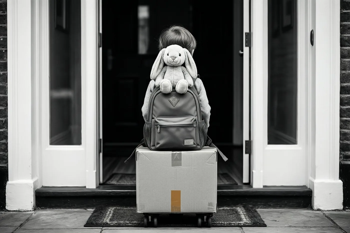 Op een zwart-witfoto staat een kind aan een voordeur, met een rugzak en een knuffelkonijn op een verhuisdoos.