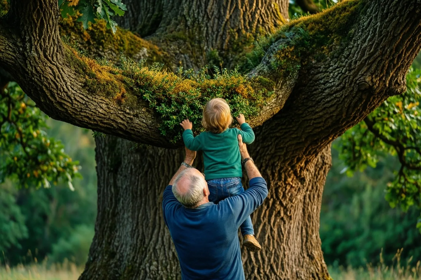 Een oudere man met wit haar tilt een klein kind in een groen shirt op naar een bemoste tak van een grote eik, van achteren gezien in een zonnig groen bos.